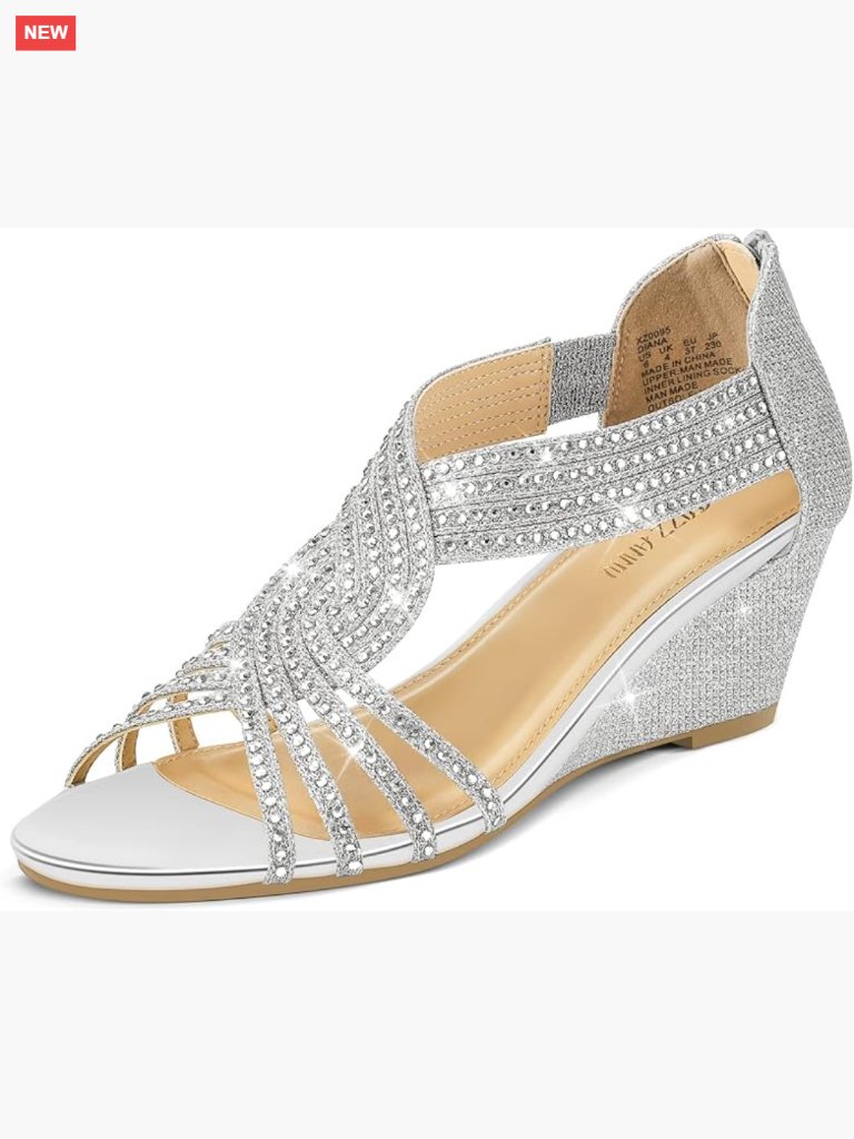 Low Wedge Sandals Sparkly Rhinestone Open Toe Dress Shoes Size 7.5